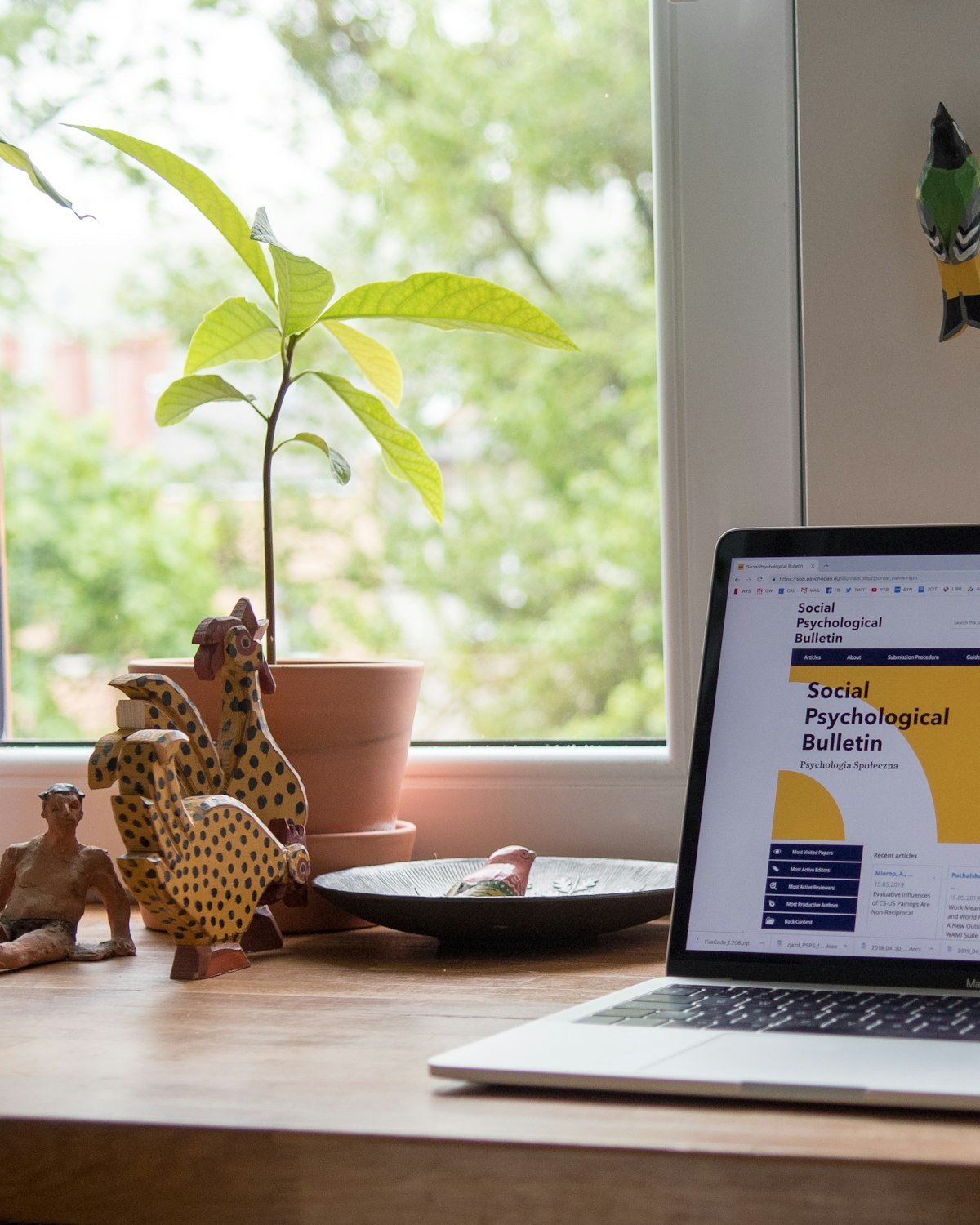 Laptop on a desk by a window with plants