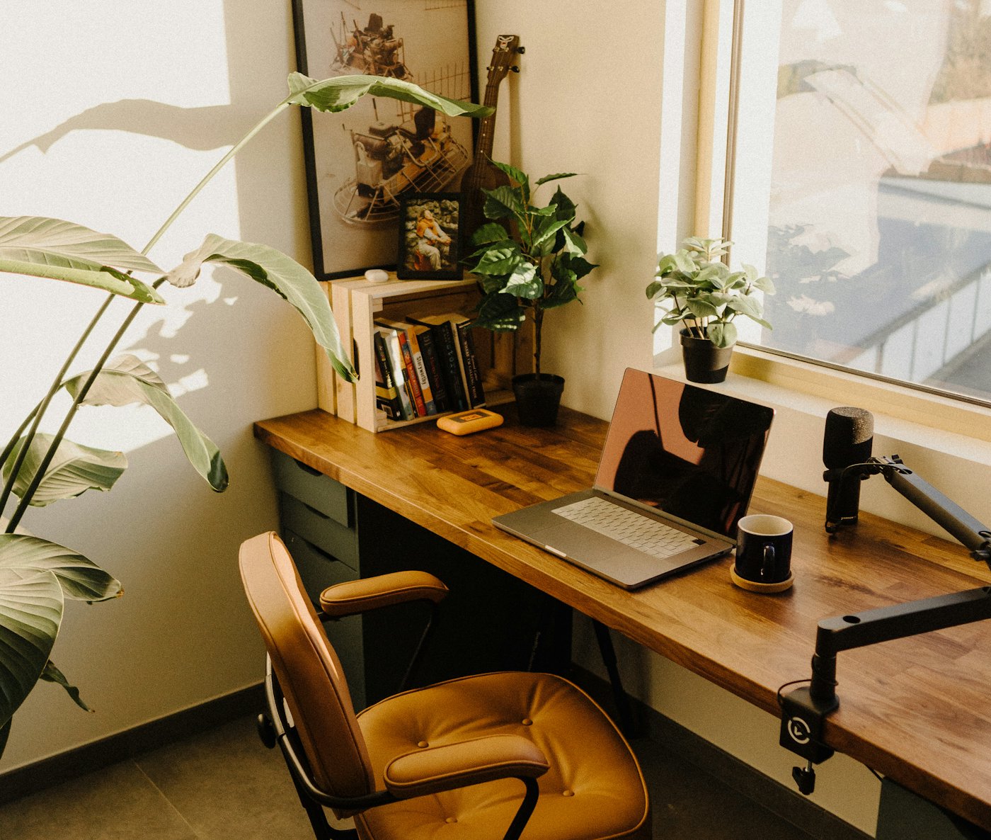 Home office desk with a laptop and plants